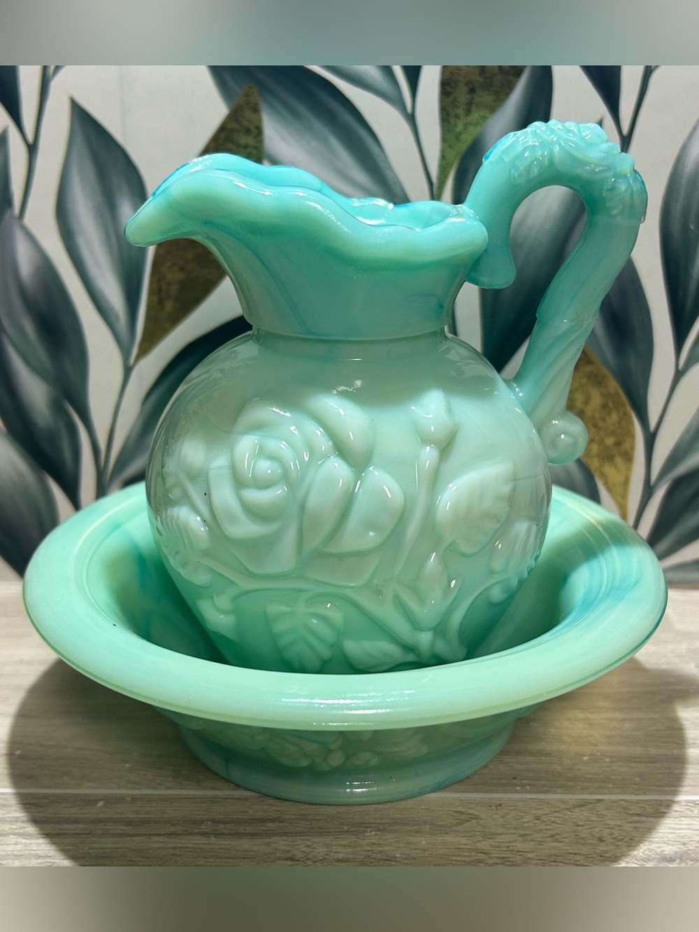 Vintage Avon "Victoriana Rose" Jadeite Mini Pitcher and Wash Basin Set (C)